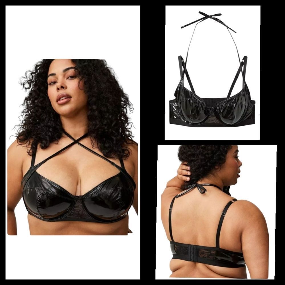 4X 26W Torrid Black Patent Pleather Halter Bra Underwire Lingerie Boudoir Strapp